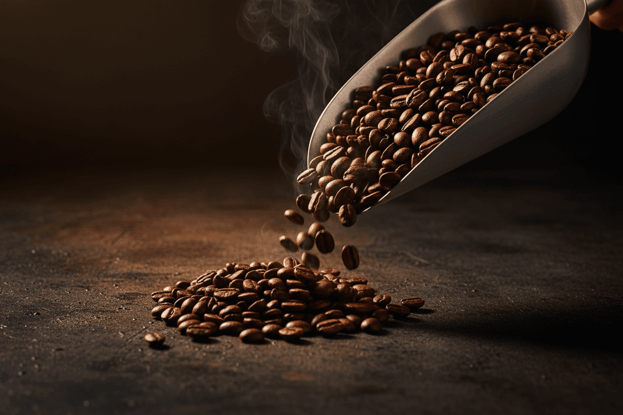 Roasted coffee beans falling from a steel scoop