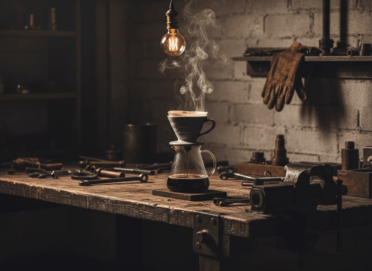Pour-over coffee on a well-used workshop bench
