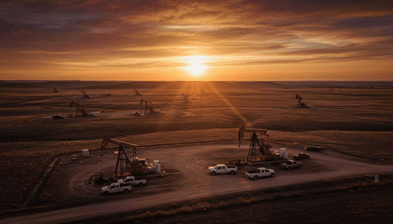 Pumpjacks silhouetted against a West Texas sunrise