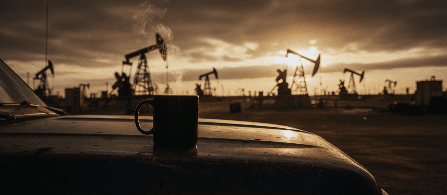 A steaming mug of coffee on a work truck at sunrise